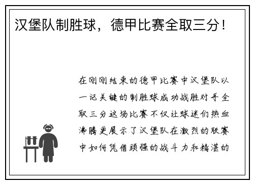 汉堡队制胜球，德甲比赛全取三分！